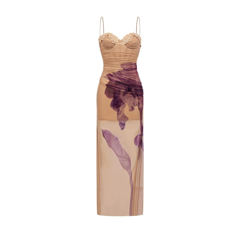 SHEERLUCK Rose | Sand Slim Mesh Iris Print Maxi Dress