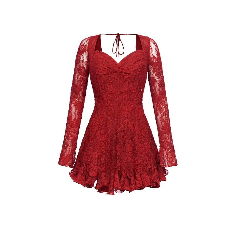 SHEERLUCK White | Red lace long sleeve mini dress