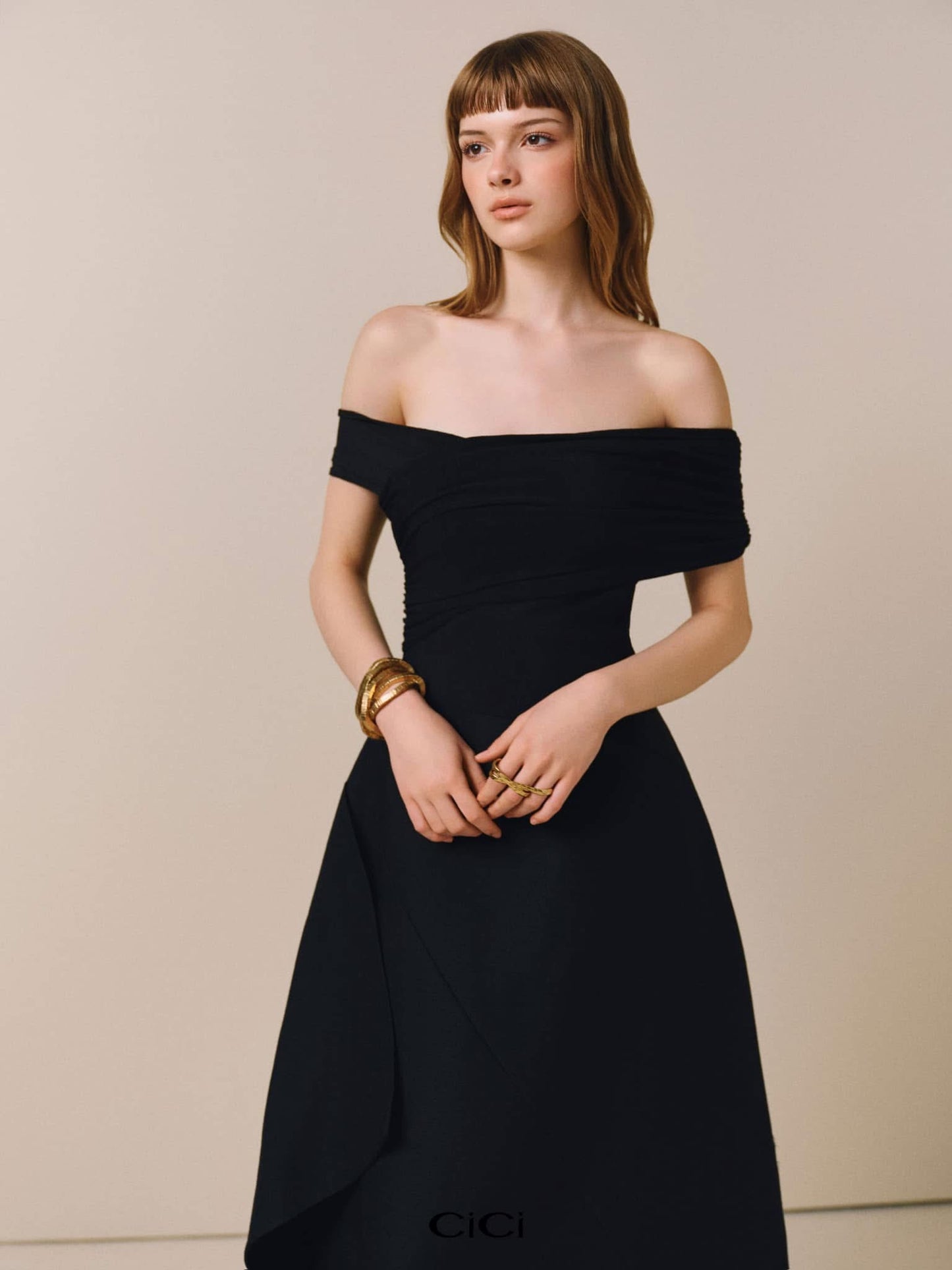CICI BLACK NANCY Off-Shoulder Midi Dress