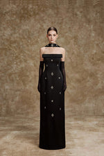 Black Halter-Band Strapless Corset Crystal-Flower Pencil Maxi Dress With Scarf