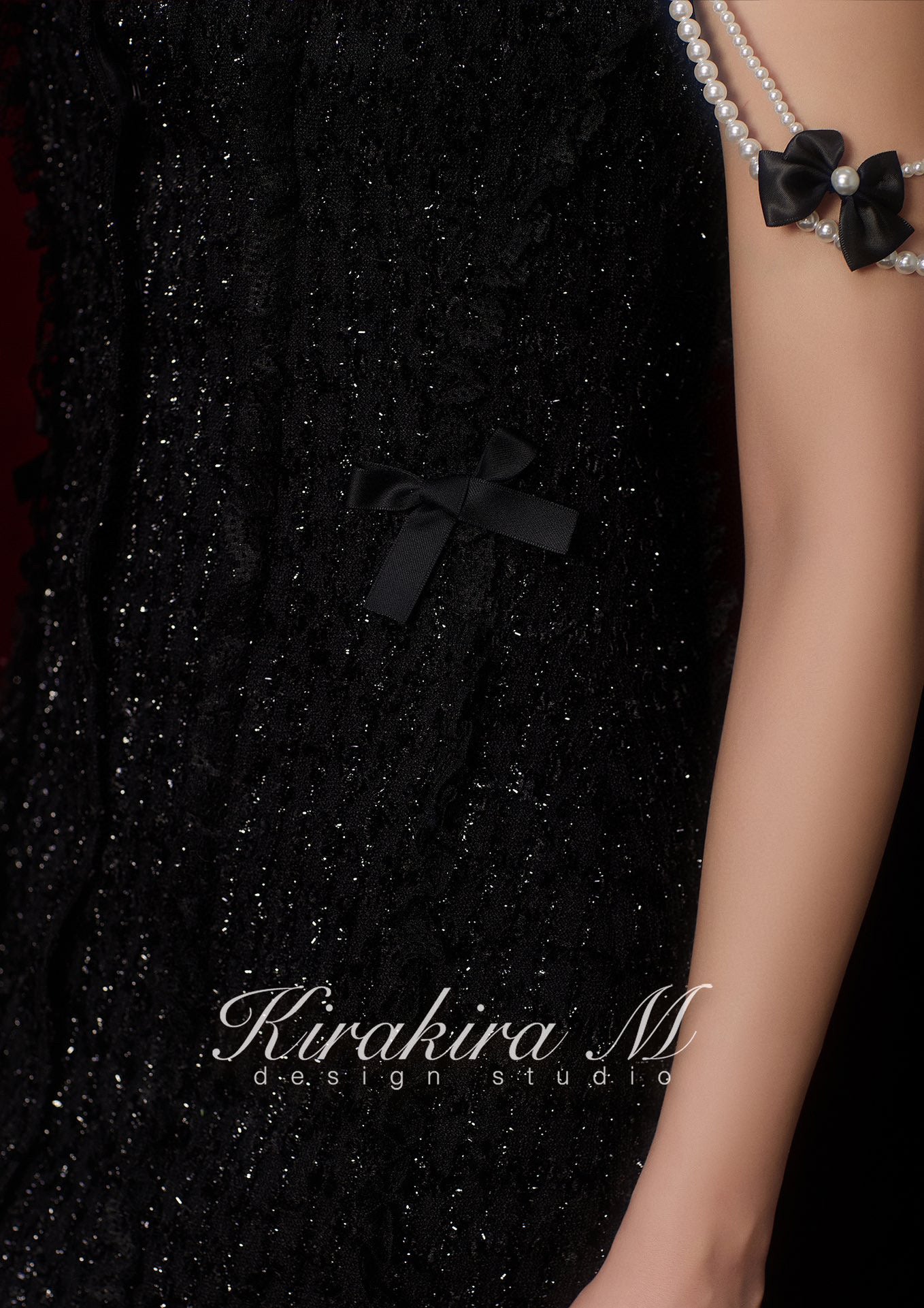 Kirakira M Pearl Chain Black Shiny Silk Long Slim Feather Midi Dress