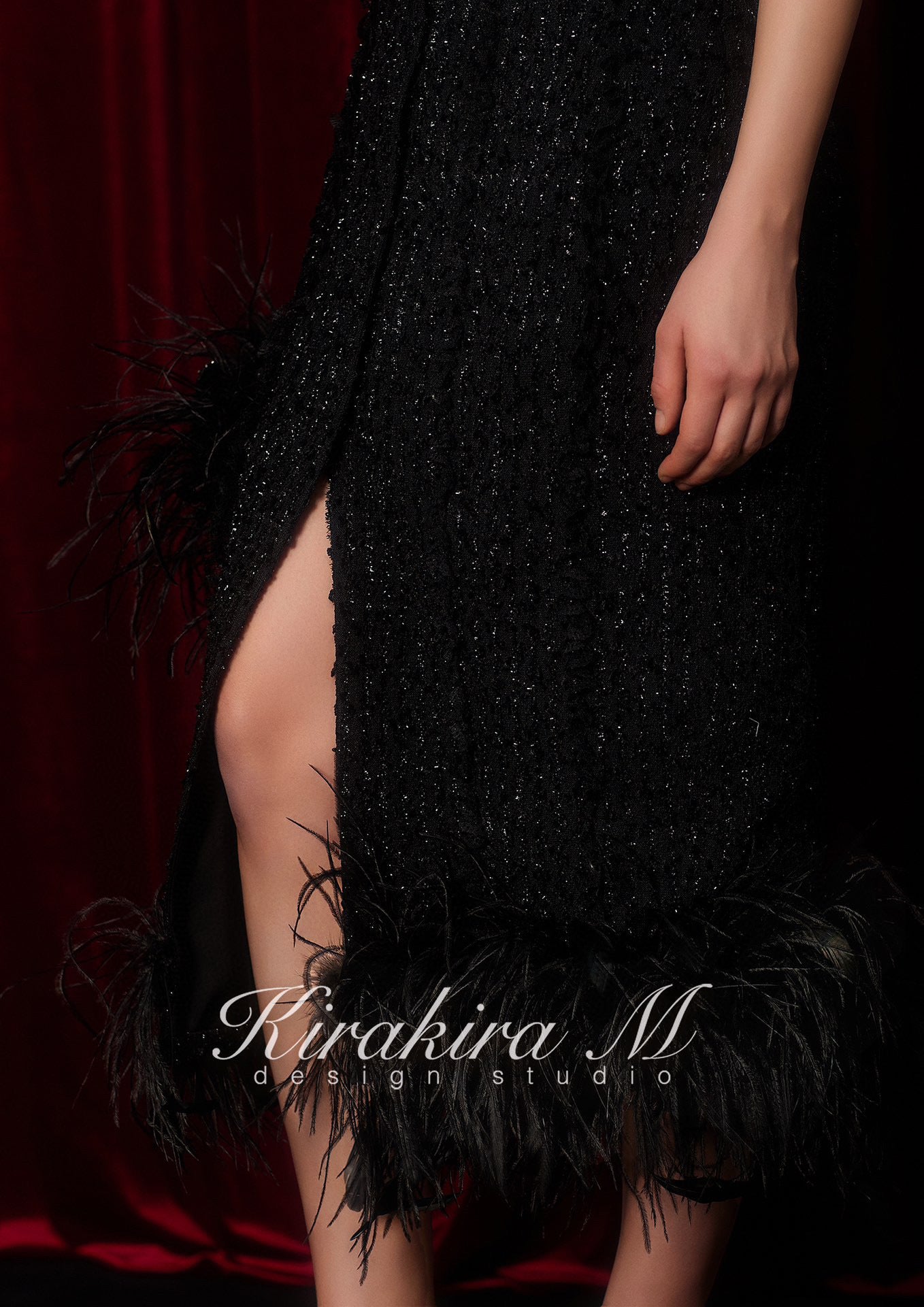 Kirakira M Pearl Chain Black Shiny Silk Long Slim Feather Midi Dress