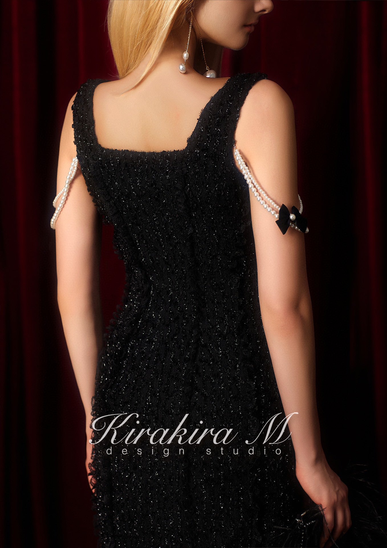 Kirakira M Pearl Chain Black Shiny Silk Long Slim Feather Midi Dress