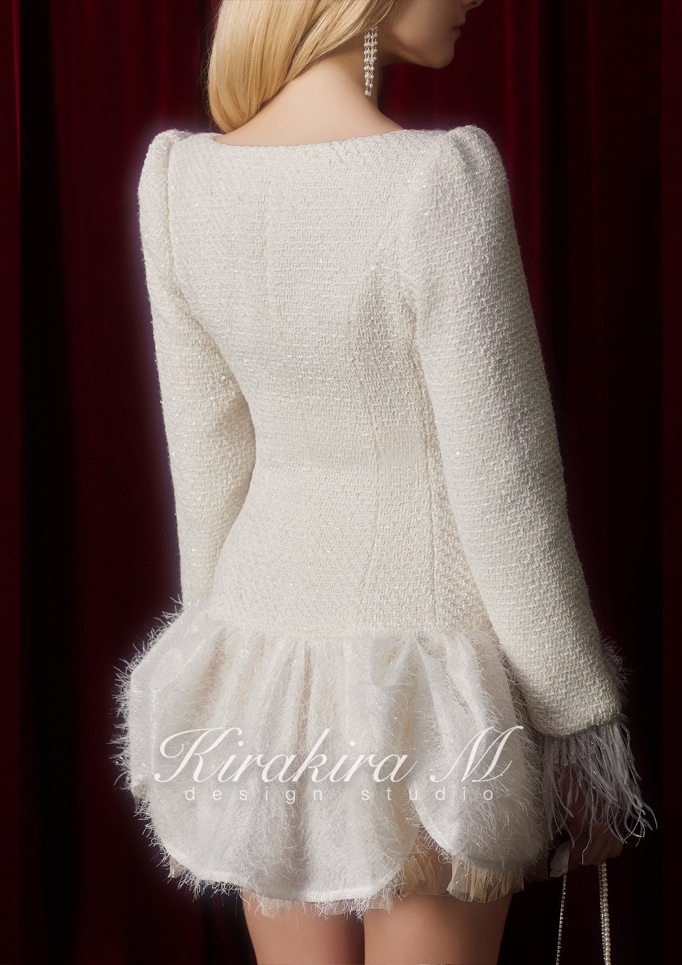 Kirakira M White Tweed Waisted Small Lapel Pod Dress Lace Trimmed Tweed Inner Bodice Top and Skirt