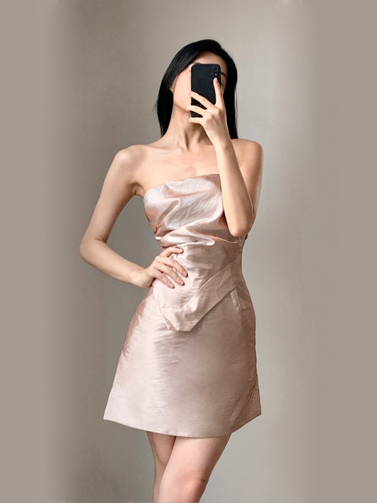 CROW CREW pink asymmetrical veil mini dress