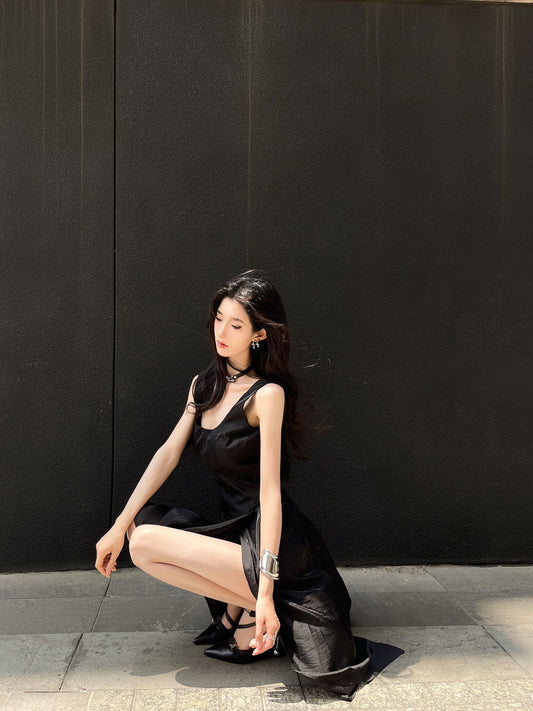 CROW CREW Black acetic acid backless midi dress with high slit