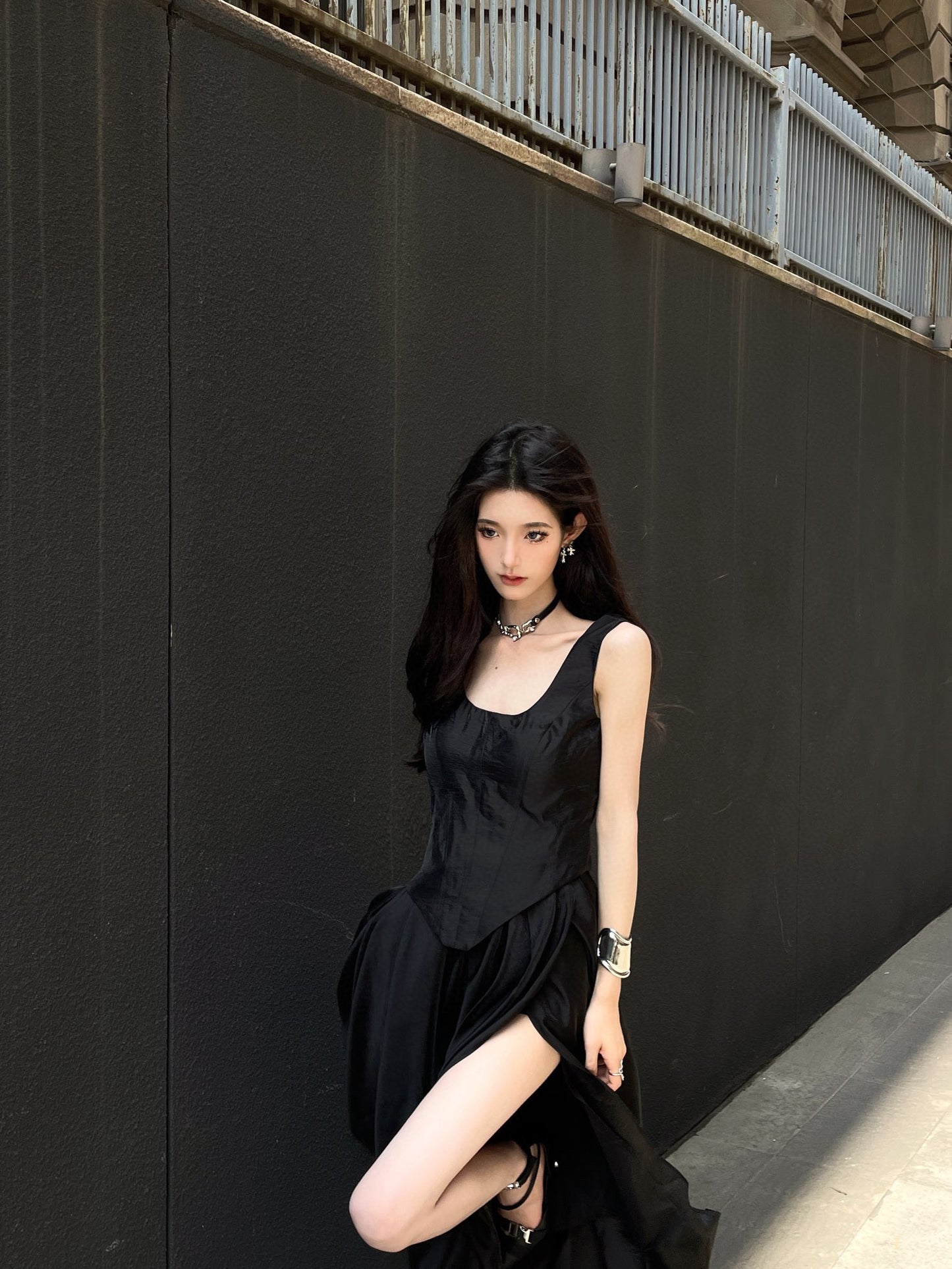 CROW CREW Black acetic acid backless midi dress with high slit