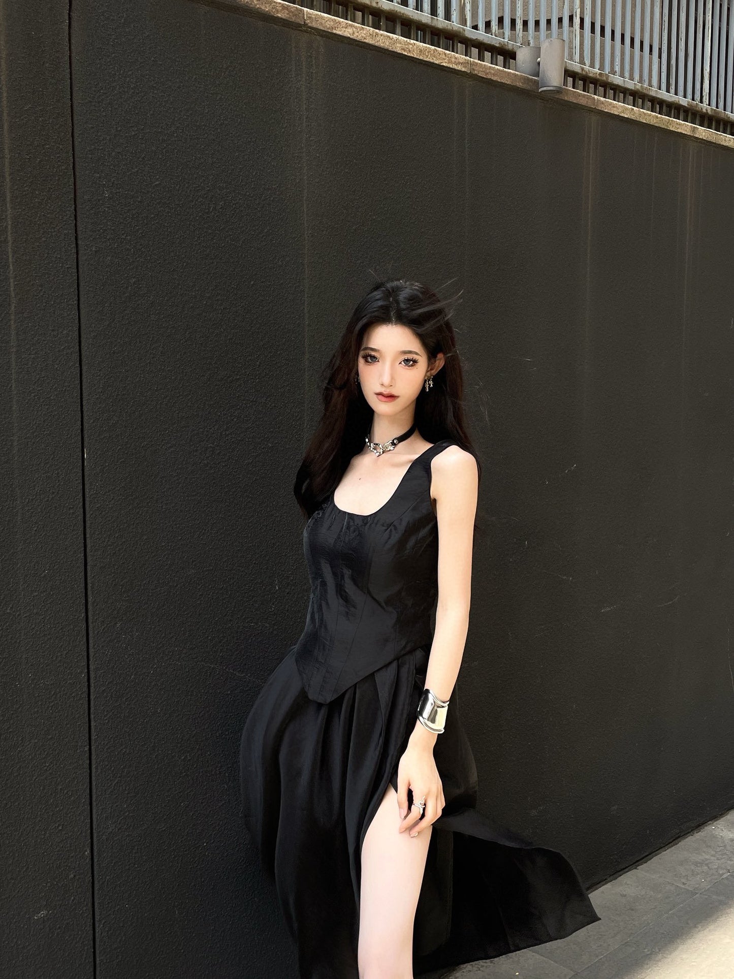 CROW CREW Black acetic acid backless midi dress with high slit