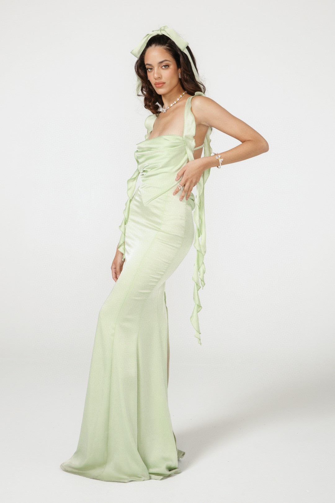 Nana Jacqueline Green & Yellow Lace Halter Backless Maxi Dress