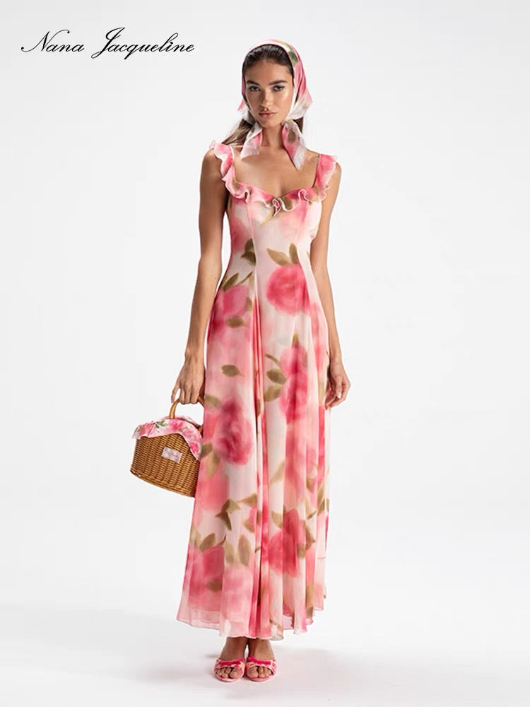 Nana Jacqueline Pink Stringy selvedge sling print maxi dress (with head ornament）