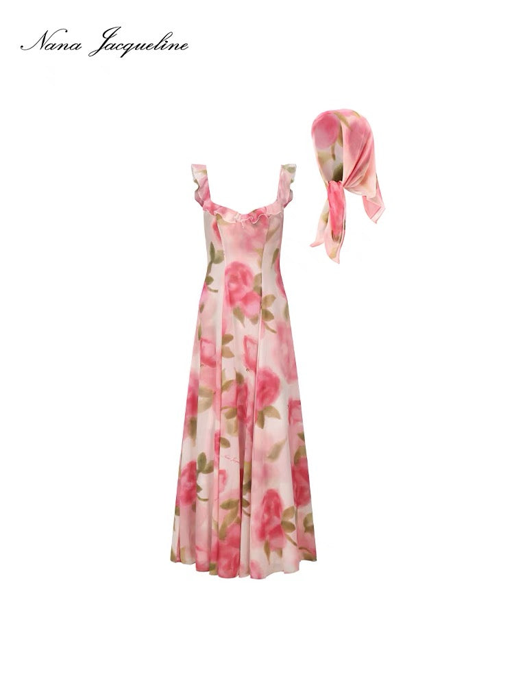 Nana Jacqueline Pink Stringy selvedge sling print maxi dress (with head ornament）