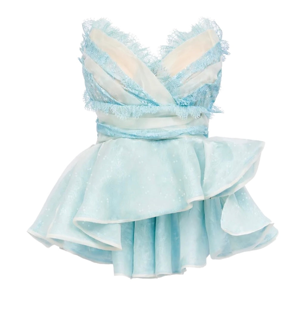 SHEERLUCK BLUE & PINK Puffy skirt v-neck short bustier top set