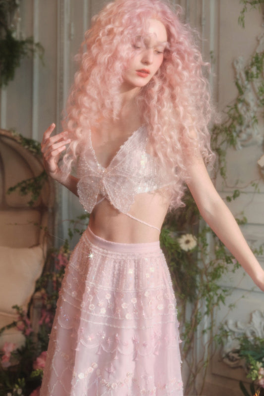 Marie Elie Pink dreamy bow top half skirt suit