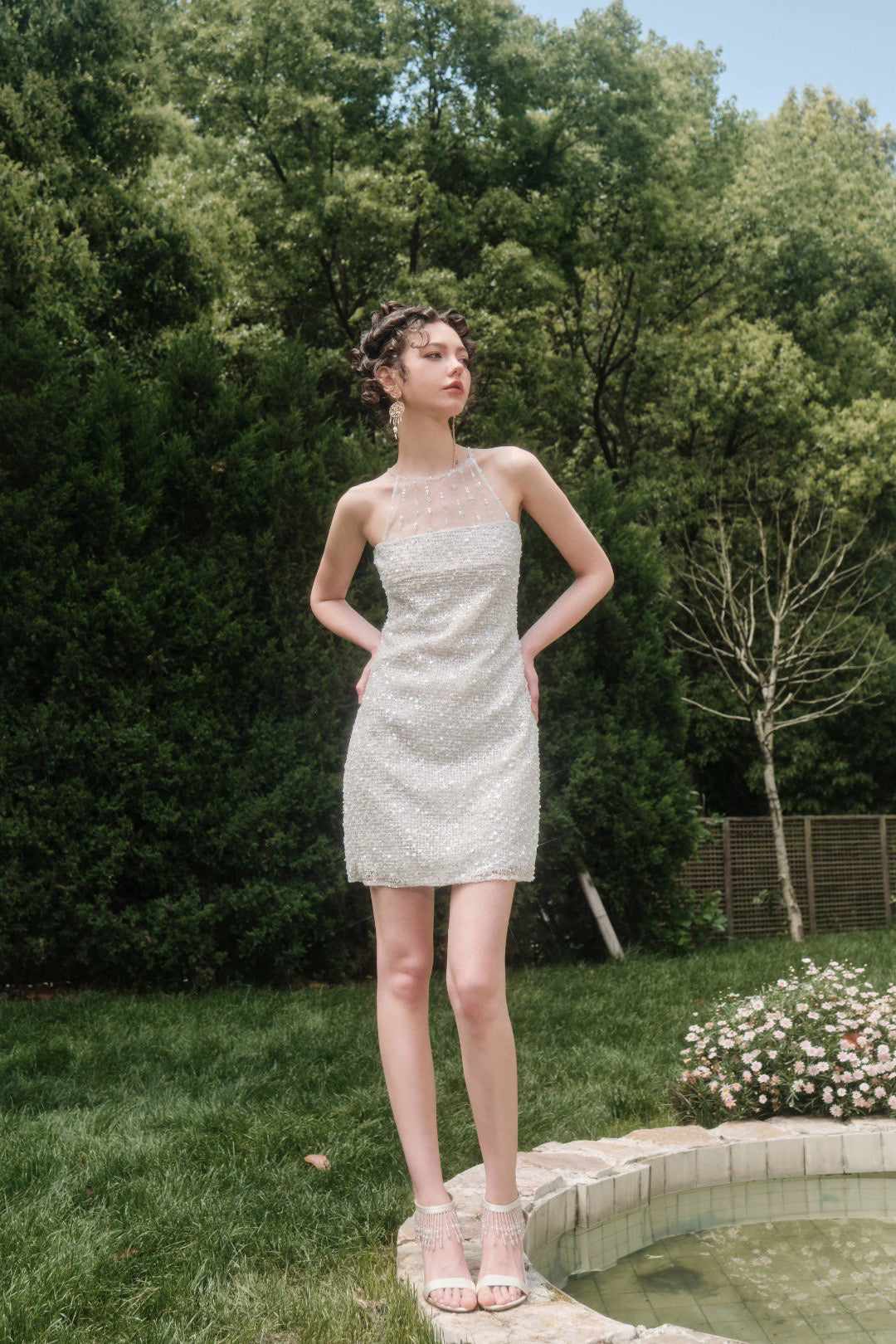 Marie Elie White Halter Mini dress with sequins