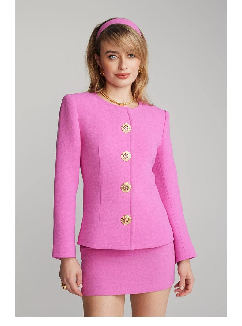 Nana Jacqueline White｜Pink Wool Round Neck slim jacket & Shorts