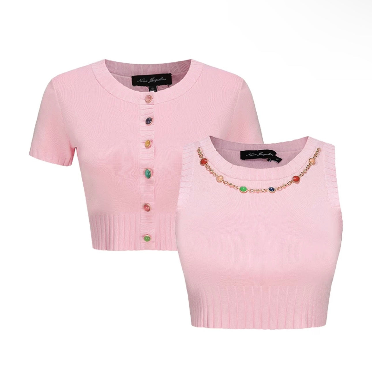 Nana Jacqueline Black | White | Pink | Yellow Jeweled Chain Knit Set (2-piece top + shorts + mini skirt)