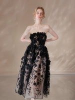 Black 3D Floral Tulle Midi Dress