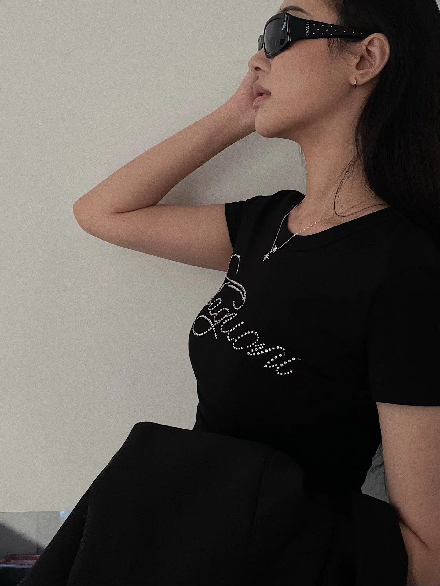 TAGLIONI Black Crystal logo short sleeve top