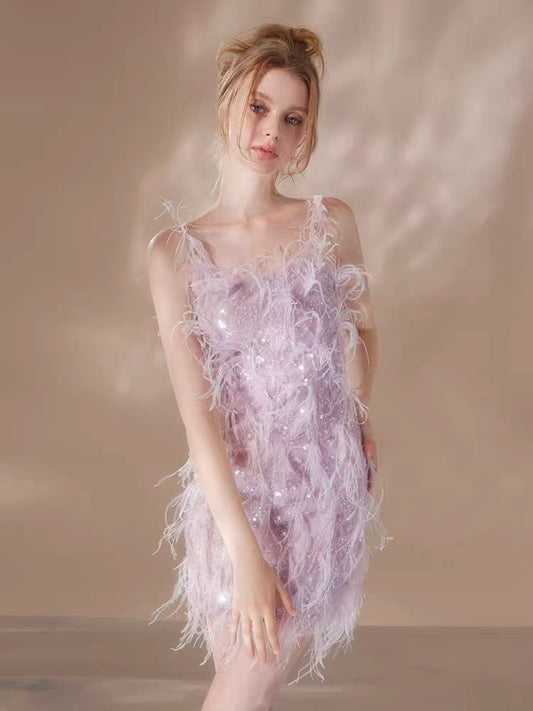 WARDROBE BY CHEN Purple feather halter mini dress