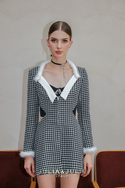 JULIA JULIE Black and white tweed jacket with hollowed out kilim mini dress