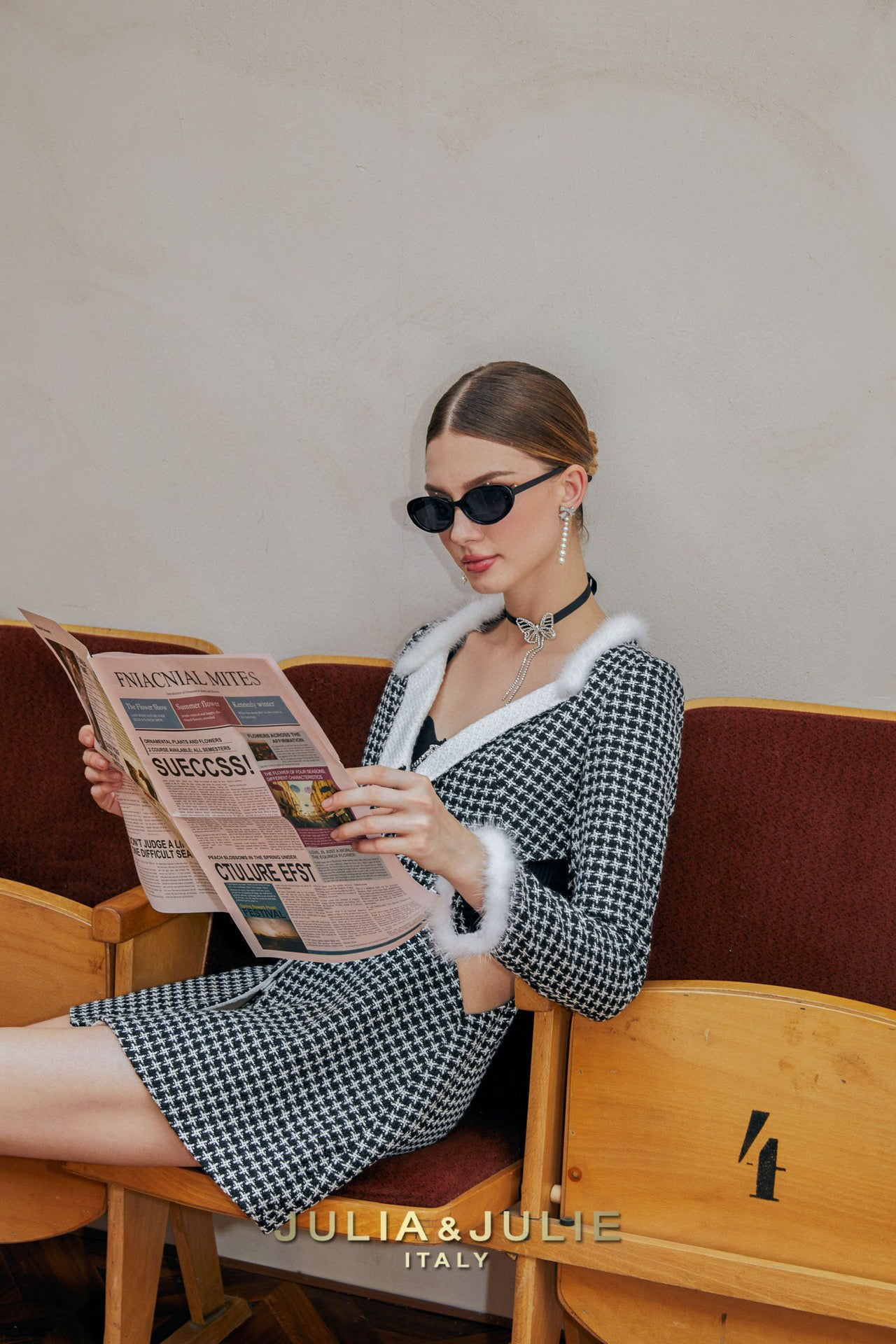 JULIA JULIE Black and white tweed jacket with hollowed out kilim mini dress